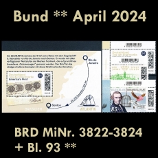 FRG MiNo. 3822-3824 + sheetlet 93 ** New issues Germany April 2024, MNH